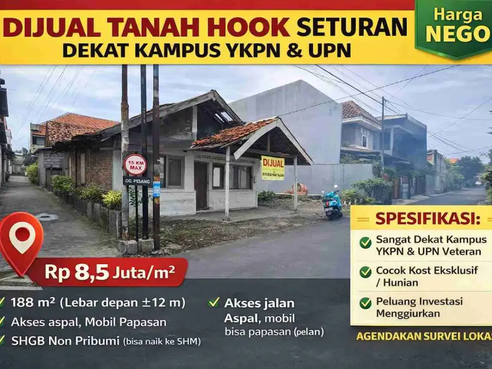 Dijual Tanah Hook di Seturan Dekat Kampus YKPN & UPN, Cocok Kost Eksklusif
