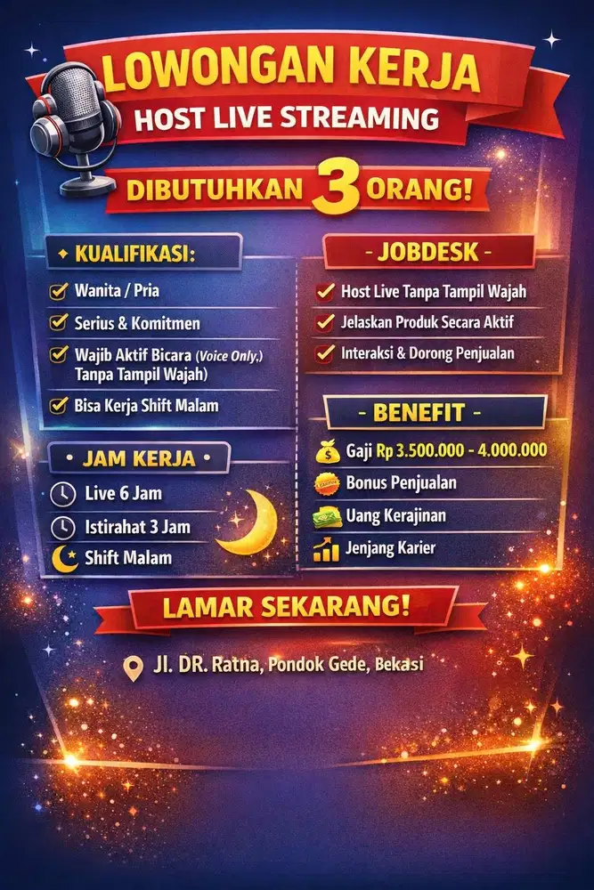 DI BUTUHKAN 2 HOST LIVE SHIFT MALAM