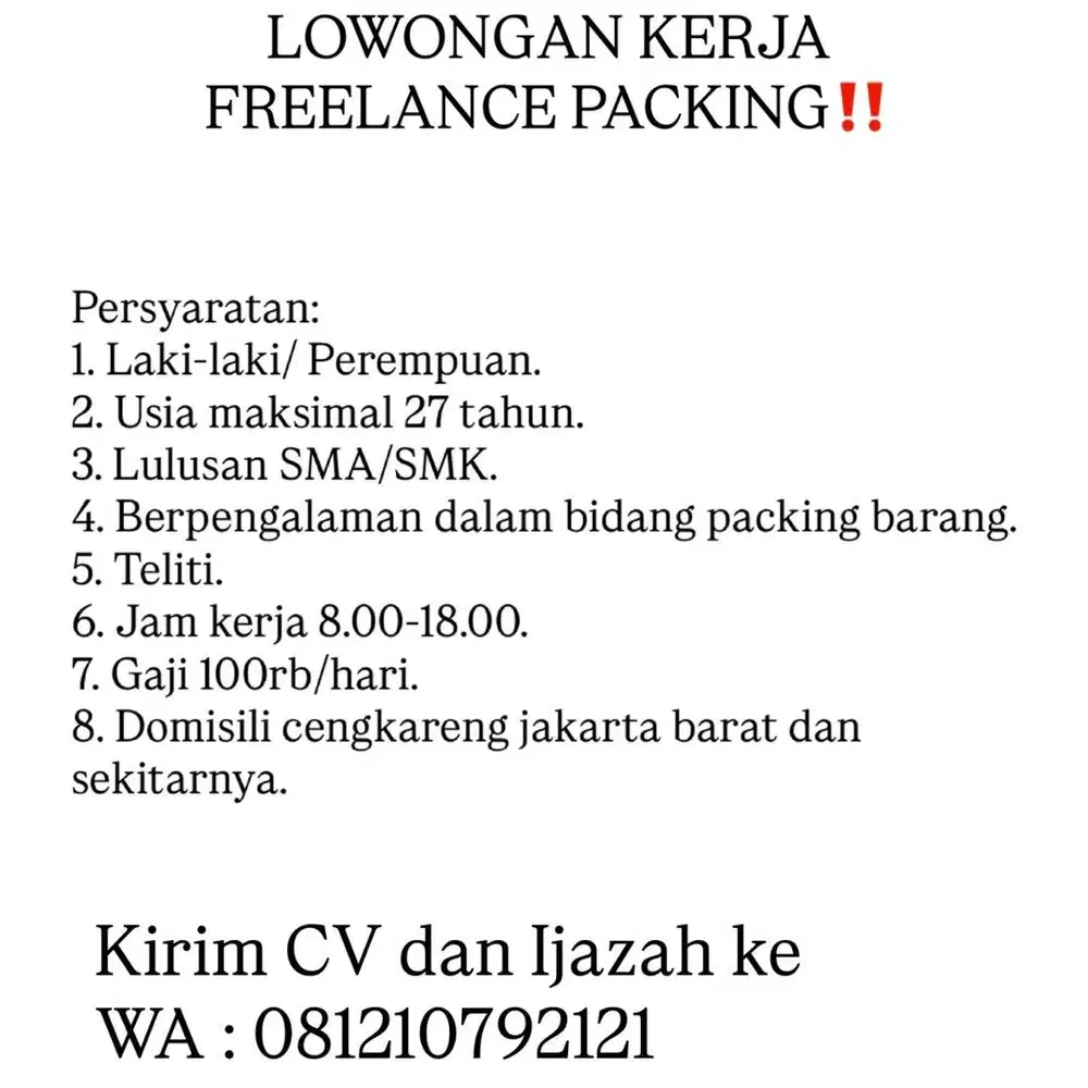 Lowongan Kerja Freelance Packing