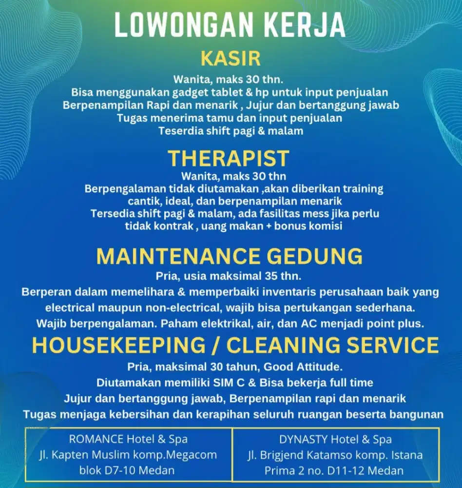 Dibutuhkan segera kasir, maintenance /teknisi gedung, cleaning service