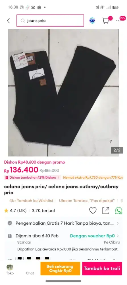 CELANA JEANS CUTBRAY PRIA SIZE 31 WARNA HITAM