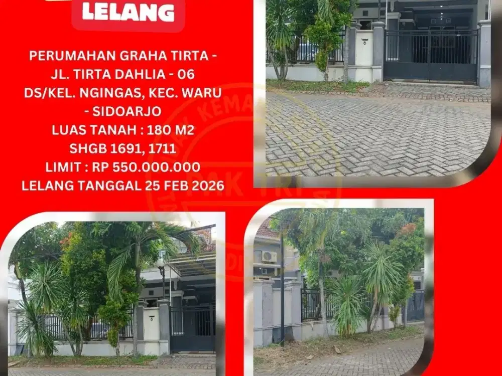 JUAL RUMAH LELANG BANK DI SIDOARJO (GRAHA TIRTA - JL. TIRTA DAHLIA) : LELANG KPKNL