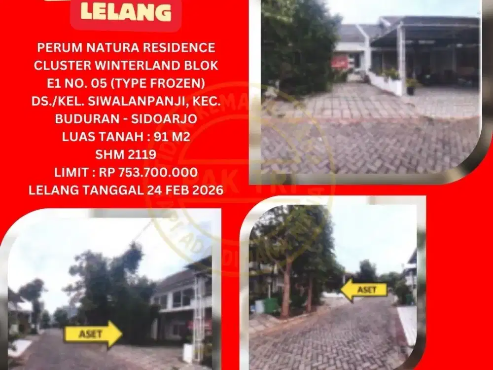 JUAL RUMAH LELANG BANK DI SIDOARJO (NATURA RESIDENCE CLUSTER WINTERLAND) : LELANG KPKNL