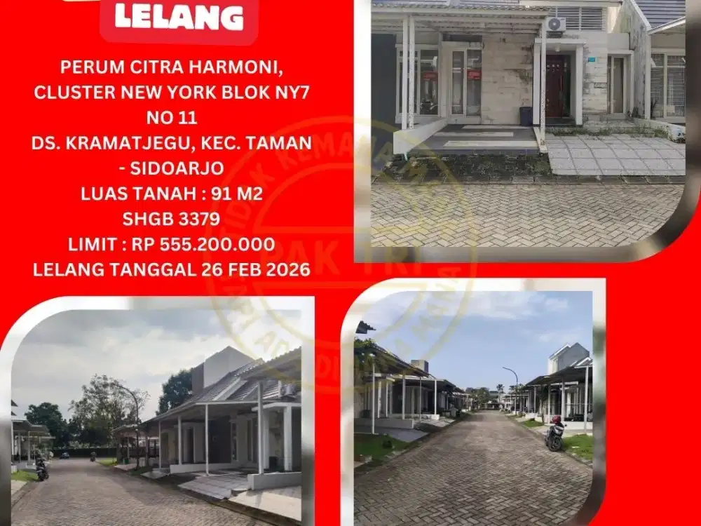 JUAL RUMAH LELANG BANK DI SIDOARJO (CITRA HARMONI TROSOBO CLUSTER NEW YORK) : LELANG KPKNL