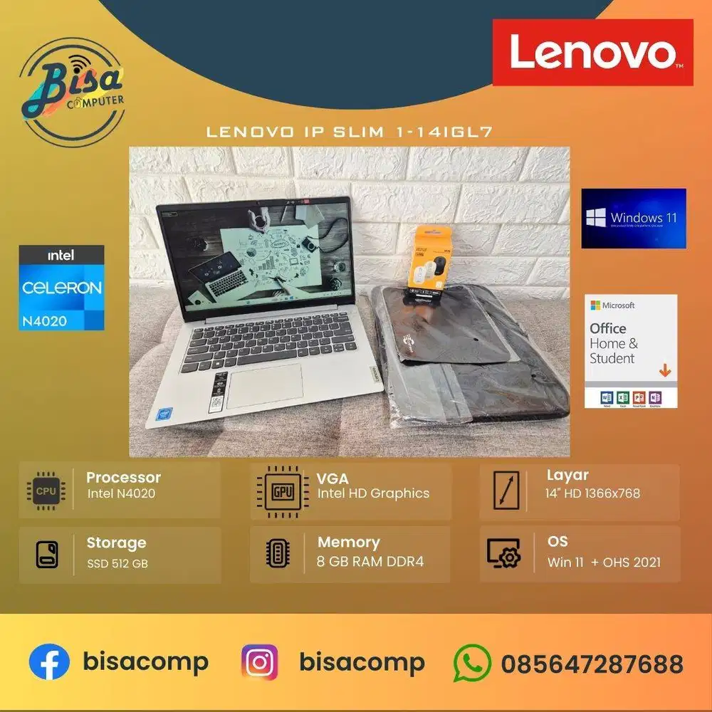 Lenovo Ideapad slim 1-14IGL7 Intel N4020 SSD 512gb Ram 8gb 14incHD