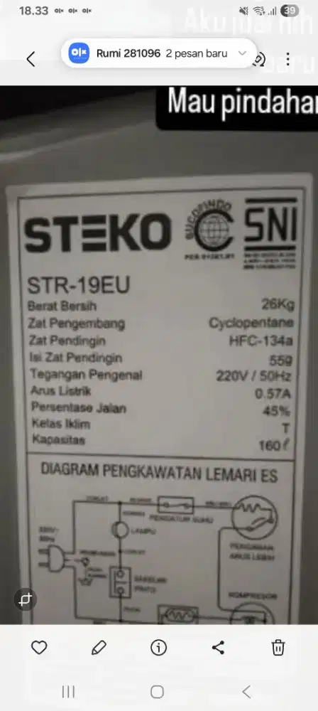 KULKAS 1 PINTU MERK STEKO 19EU WATT 41