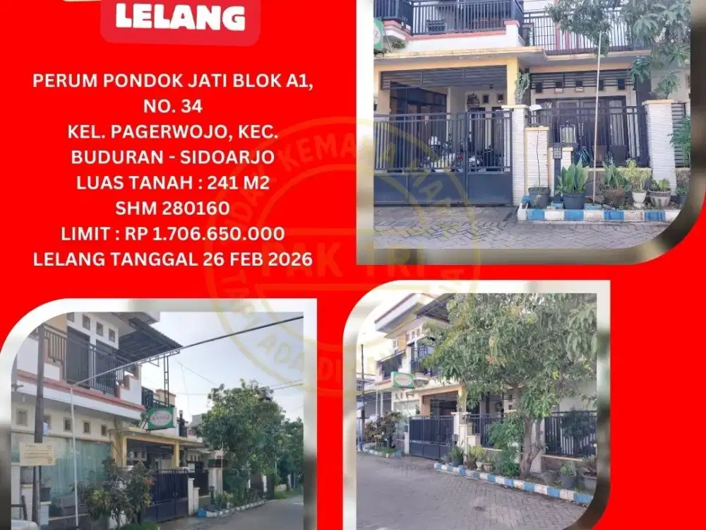 JUAL RUMAH LELANG BANK DI SIDOARJO (PERUM PONDOK JATI) : LELANG KPKNL