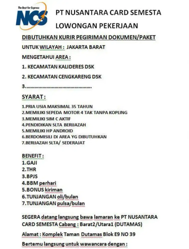 Dibutuhkan Kurir Motor