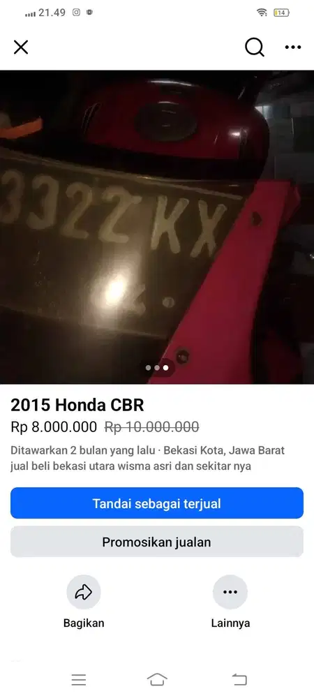 Jual motor CBR tahun 2015,merk Honda,pantat body di ganti pantat ninja