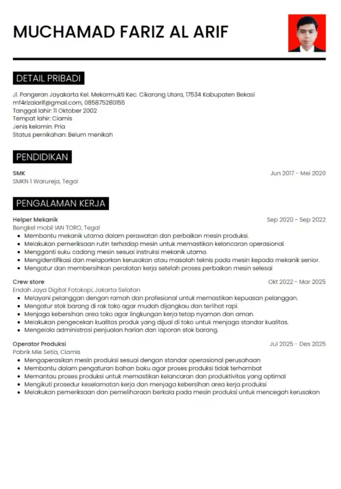 Sedang mencari pekerjaan operator produksi/ jaga kost / jaga toko, dll