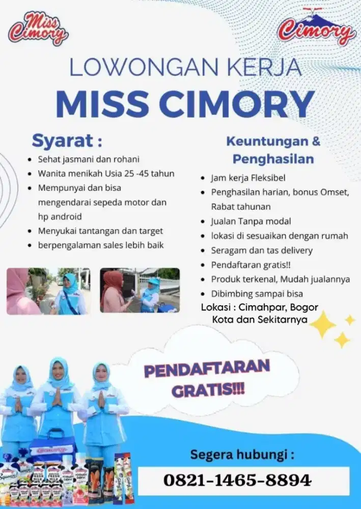 GRATISS. Lowongan Sales miss Cimory
(penghasilan 4-7 juta)
