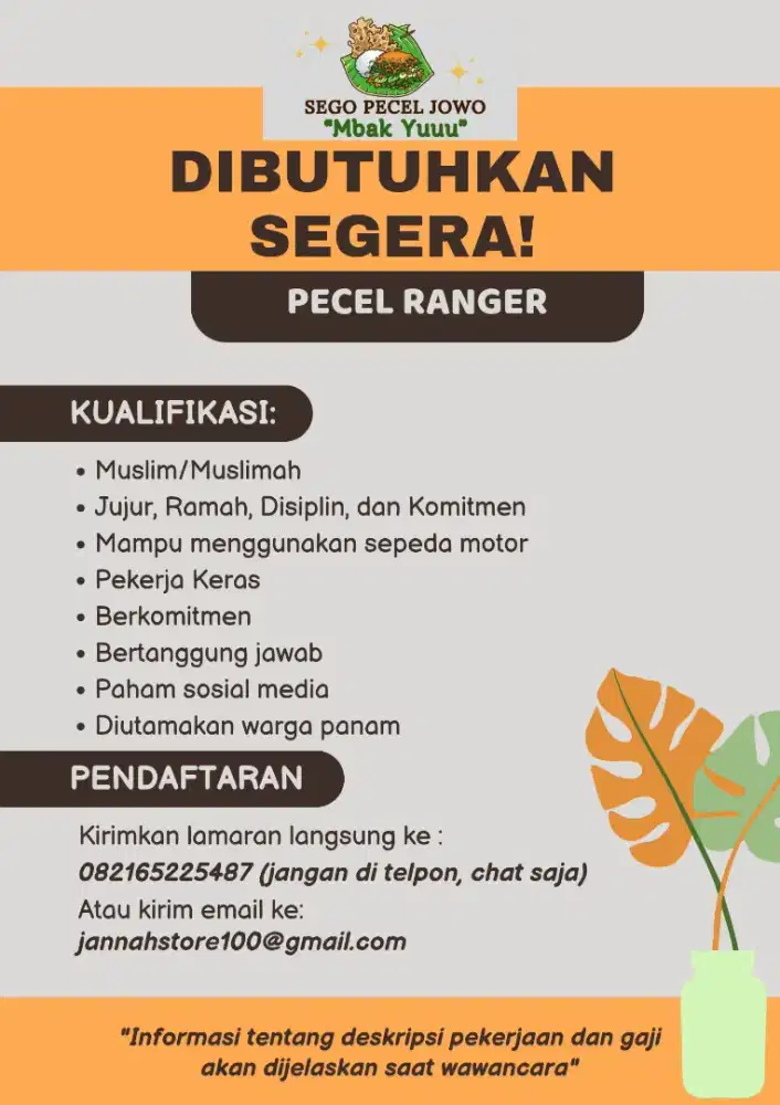 Dibutuhkan karyawan 'Pecel Ranger' kerja sampai jam 12 siang