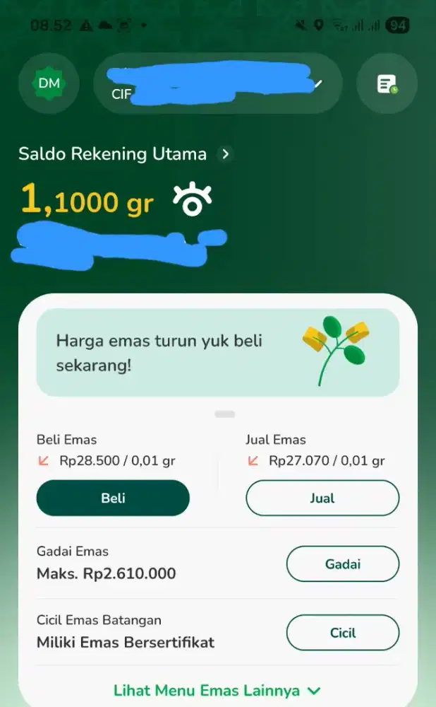 Dijual tabungan emas LM di aplikasi tring pegadaian