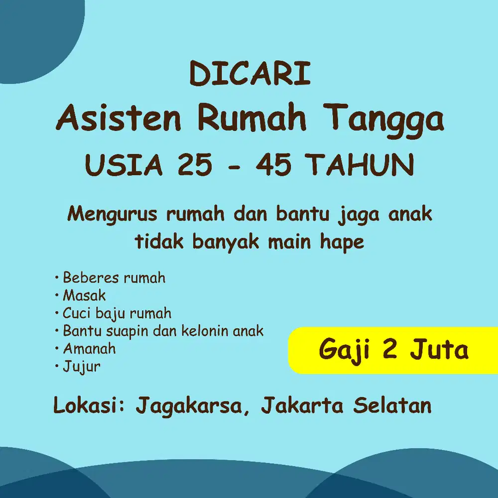 BUTUH CEPAT!! Lowongan ART Jakarta Selatan