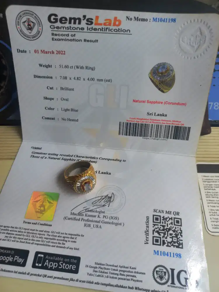 Natural Saphire Srilanka sertifikat