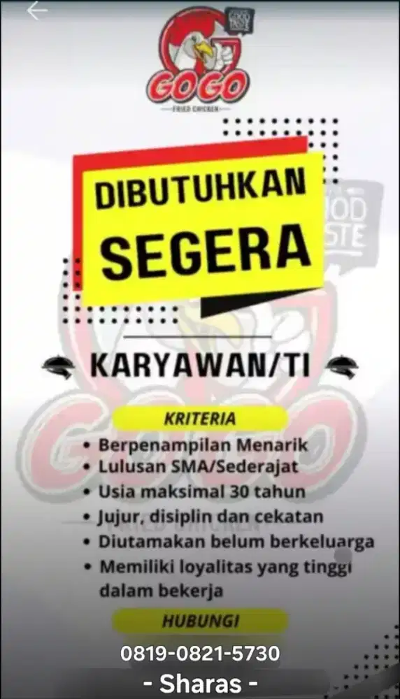 Dibutuhkan Karyawan/ti Gogo Fried Chicken