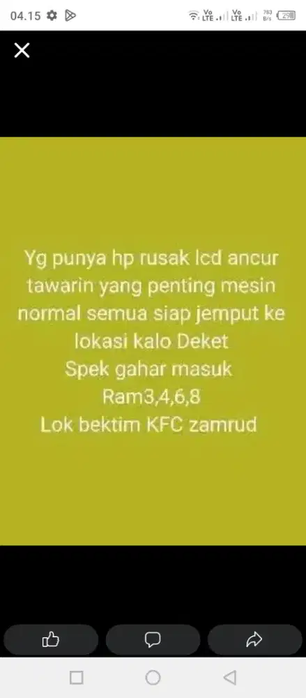 Kg nerima HP mati. 
Yg punya hp rusak lcd nya tawarin
Spek gahar masuk