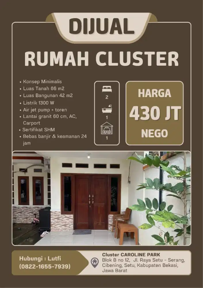 DIJUAL CEPAT/URGENT RUMAH CLUSTER SETU BEKASI–430JT NEGO–SIAP AKAD–SHM
