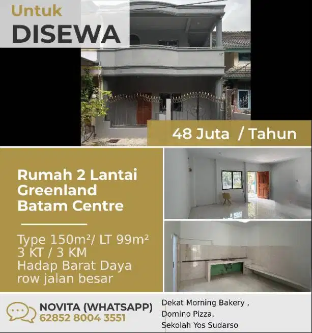 Rumah 2 Lantai Greenland Batam Centre.