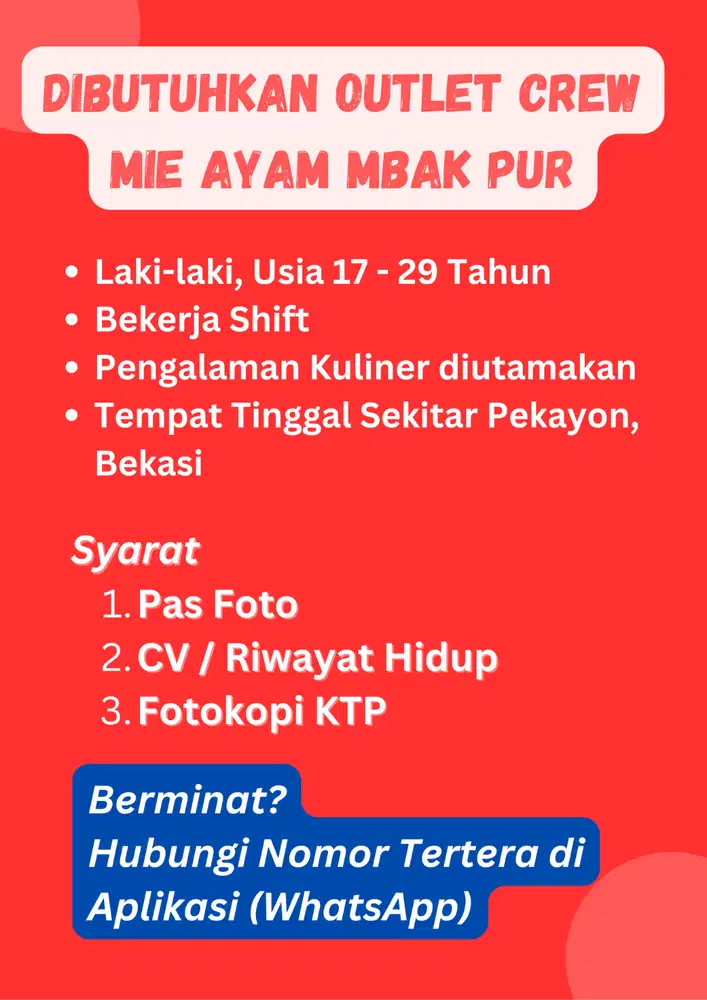 Loker Lowongan Kerja Pelayan Waiter / Juru Masak Mie Ayam Pekayon