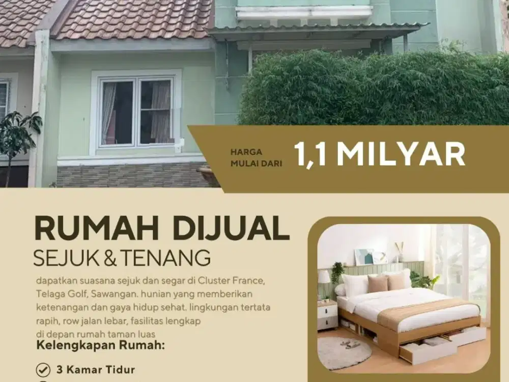 Rumah Bagus depan taman, di Cluster France, Telaga Golf Sawangan
