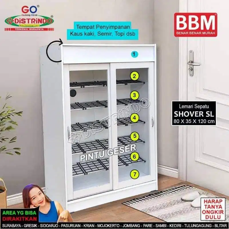 Distrindo - Lemari Sepatu Pintu Kaca Geser Sliding 5 Rak, 7 Ruang Diat