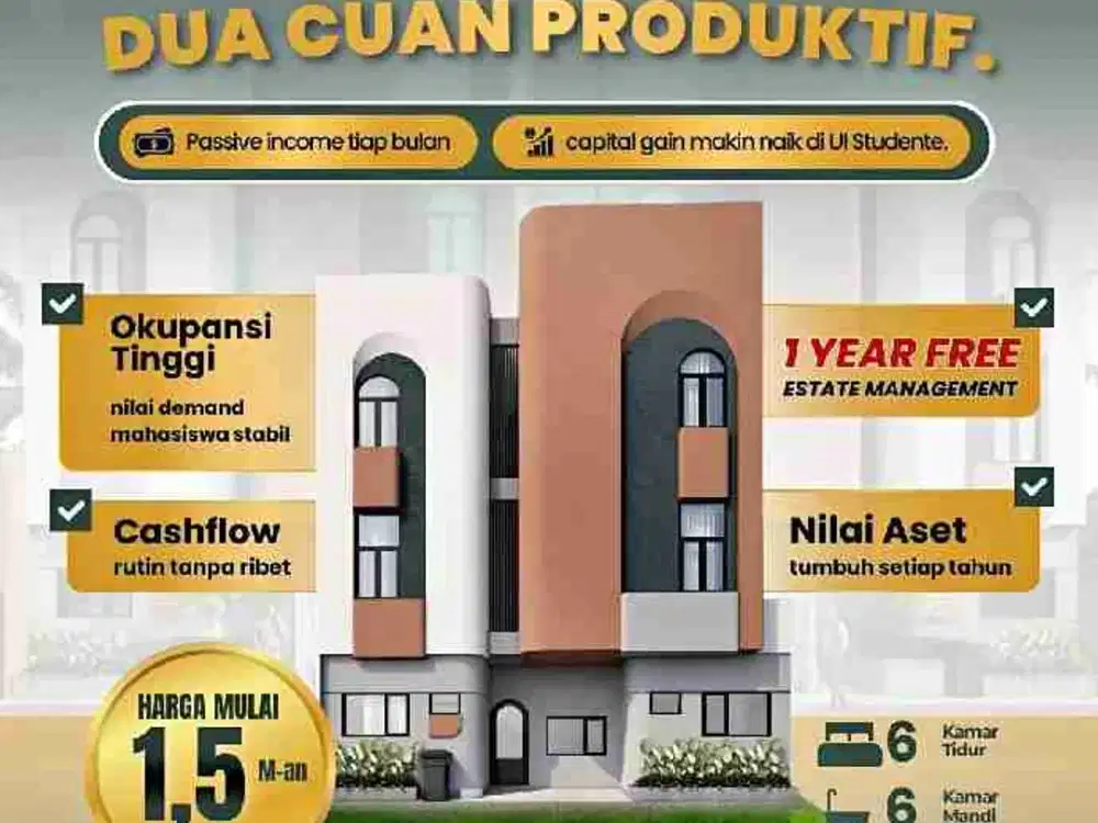 Dijual Kost di UI, 2 Menit Gerbang Vokasi Dekat Toll Kukusan, Fully Furnished SHM, Occupancy Tinggi Developer Berpengalaman