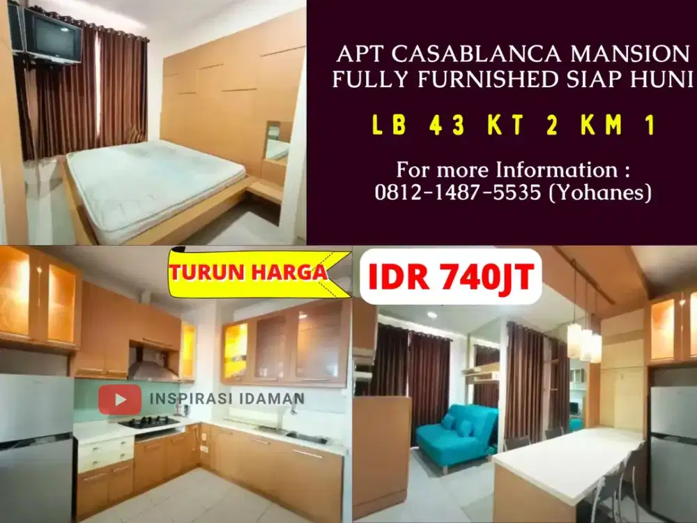 Casablanca Mansion 43mtr 2BR lantai 11 Fully Furnished Siap Huni