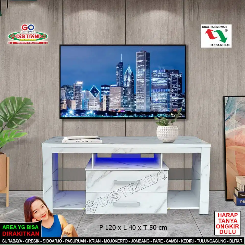 DISTRINDO Meja TV dengan LAMPU LED Estetik / Rak TV Marble Minimalis