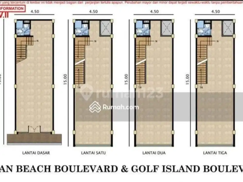 Dijual Ruko Beach Boulevard Blok B Uk 4,5x15, 4 Lantai