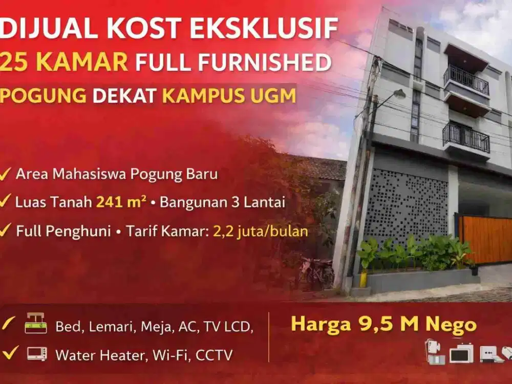 Dijual Kost Eksklusif 25 Kamar Full Furnished di Pogung Baru – Dekat Kampus UGM