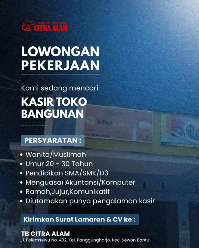 LOWONGAN KERJA KASIR TOKO BANGUNAN