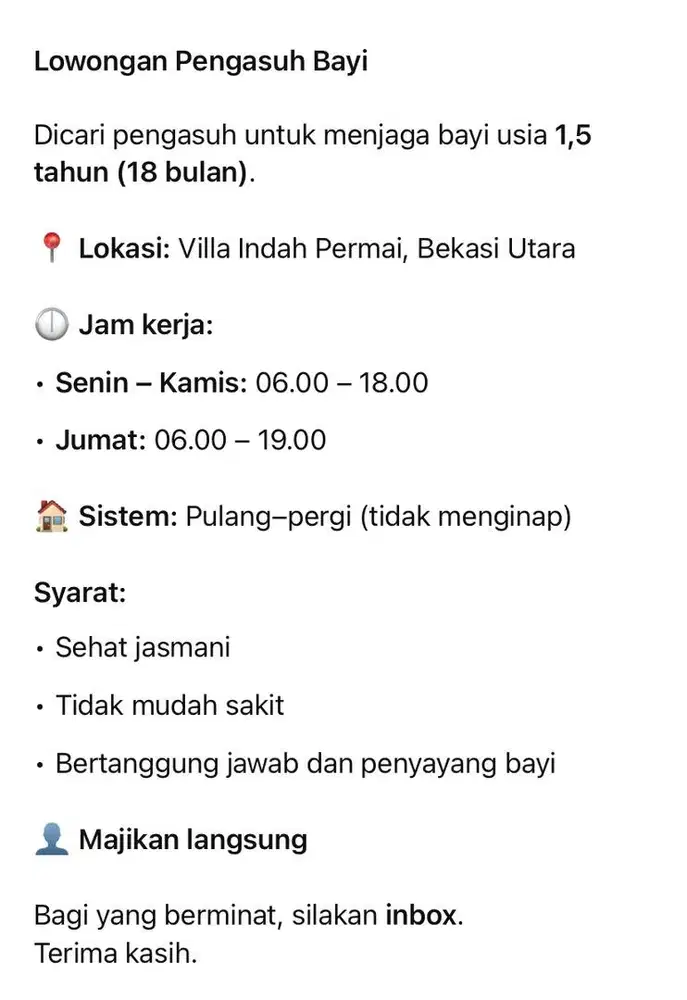 Lowongan pengasuh bayi 1.5 tahun