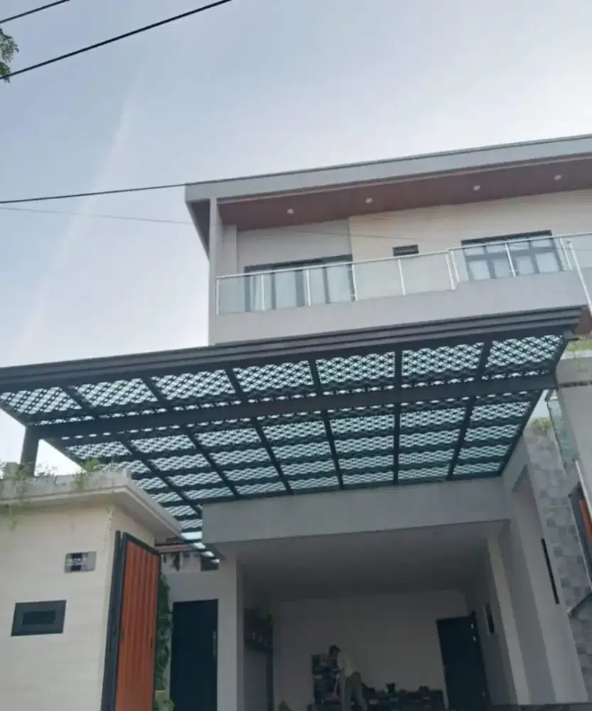 Kanopi atap kaca tempred glass kombinasi plat cating laser