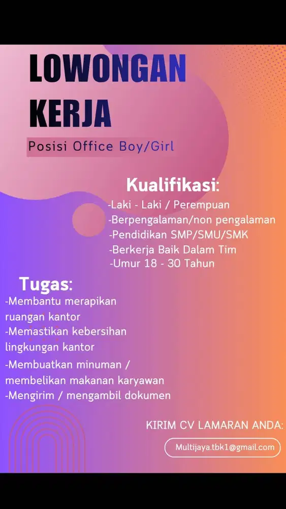 Lowongan Kerja Posisi Office Boy/Girl