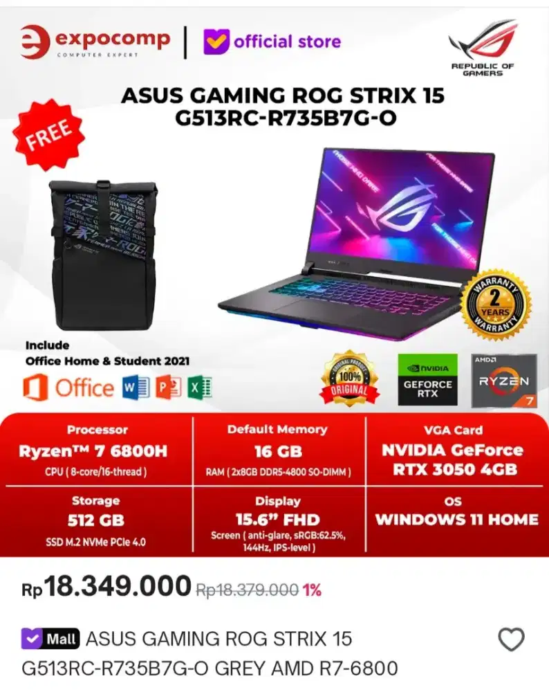 LEPTOP ASUS ROG STRIX 15 G513RC | R7-6800