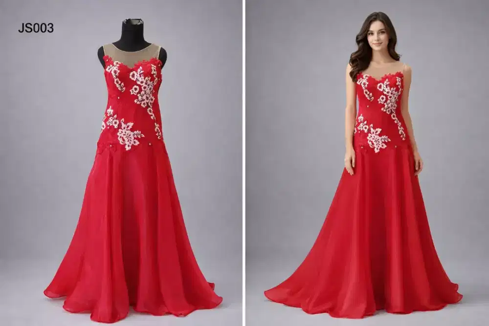 GAUN PESTA PRELOVED WARNA MERAH DENGAN MODEL YUKENSI