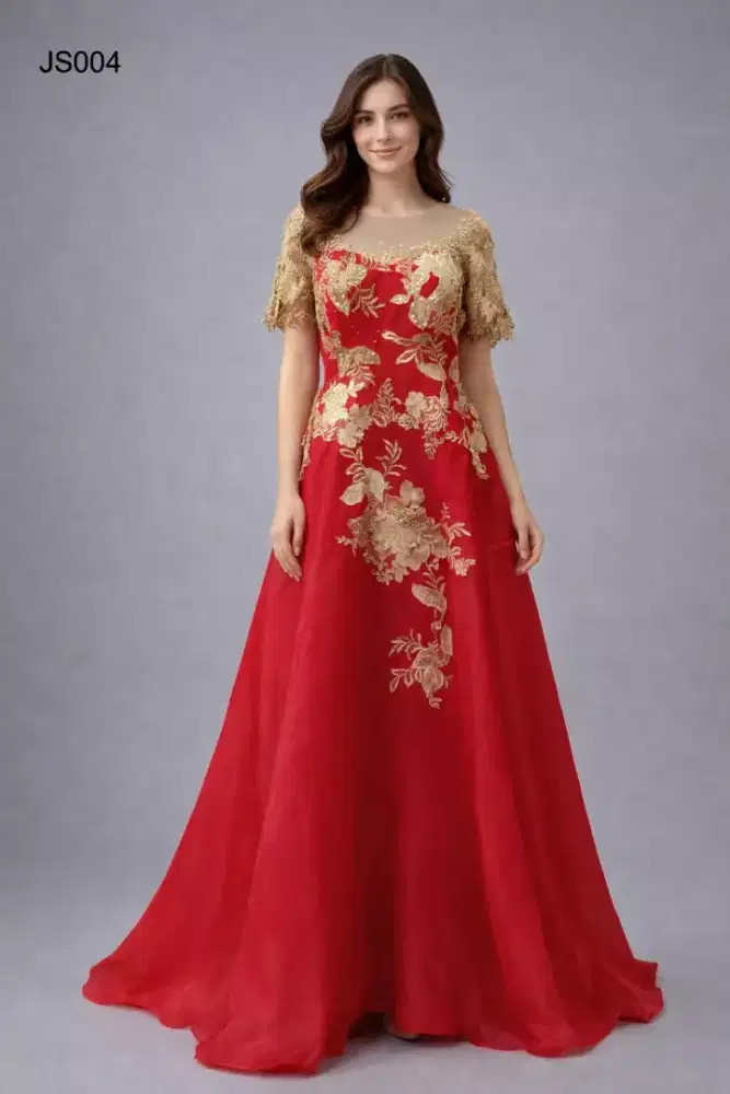 GAUN PESTA PRELOVED WARNA MERAH MIX BRUKAT GOLD