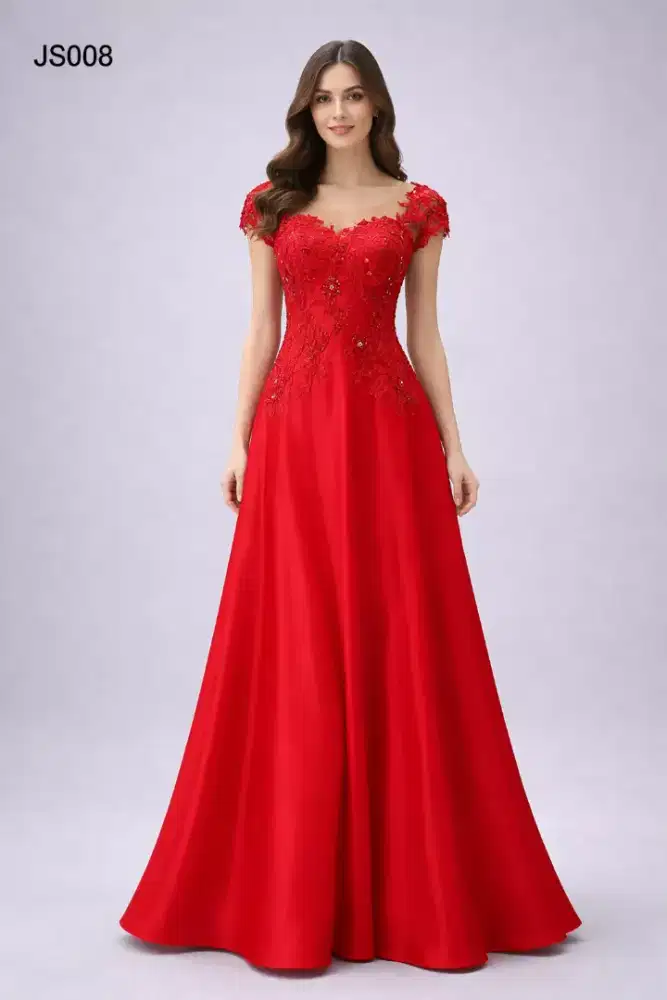 GAUN PESTA PRELOVED WARNA MERAH DENGAN MODEL LENGAN PENDEK