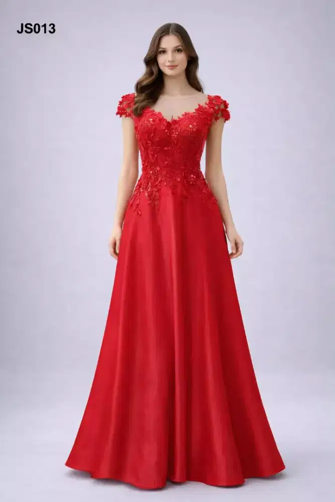 GAUN PESTA PRELOVED WARNA MERAH DENGAN MODEL LENGAN PENDEK (JS.013)