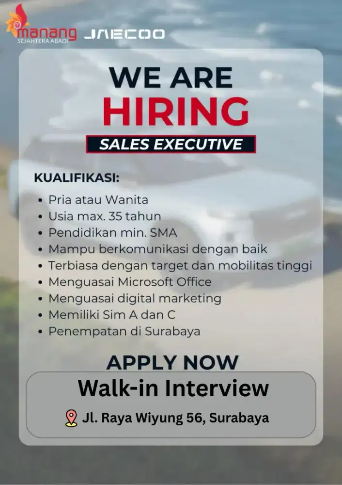 LOWONGAN SALES EXECUTIVE JAECOO