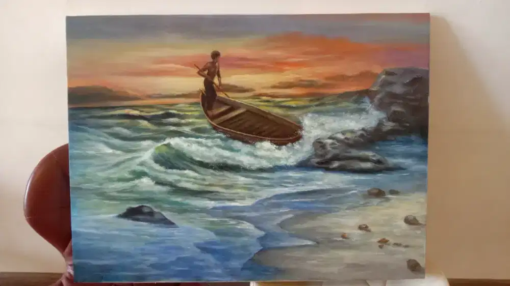 Lukisan Kanvas Pemandangan Laut dan Nelayan