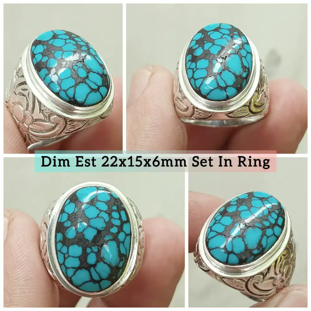 Natural Turquoise Pirus Hubei Top Blue Color Serat Kura Ring Perak