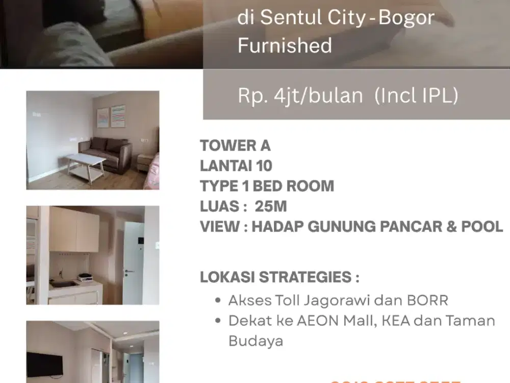 Apartemen Sentul Tower 1Br Furnished , Sentul City, Bogor