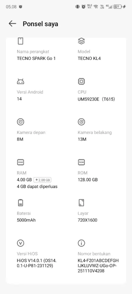 Jual kepaksa karna keperluan TECNO SPARK GO 1 4+4/128 original.