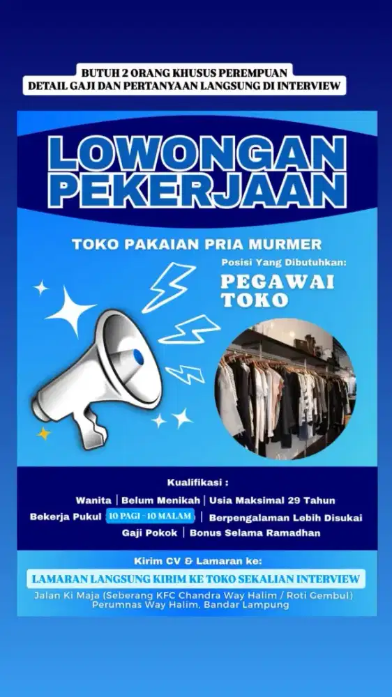 Cari pegawai toko baju pria di way halim