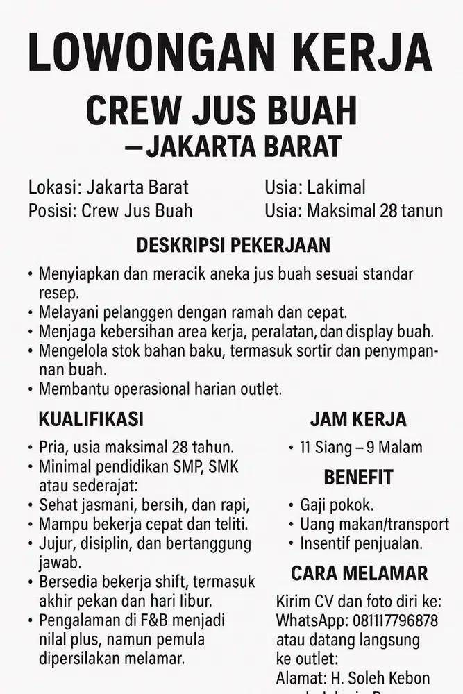 LOWONGAN KERJA - CREW JUS BUAH