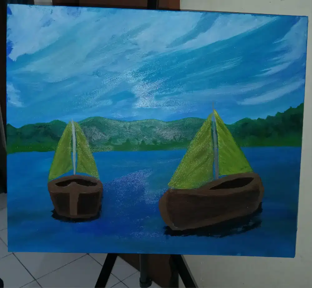 Lukisan 2 sekoci Kanvas Tangan cat minyak