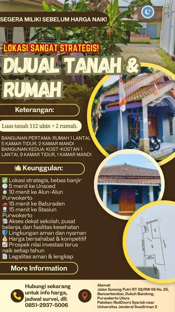Hitung Tanah! Tanah Beserta Rumah 5 KT dan Kost 9 KT dekat Unsoed