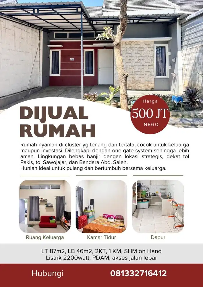 Rumah cluster di Ampeldento, dekat exit tol pakis & Bandara Abd Saleh